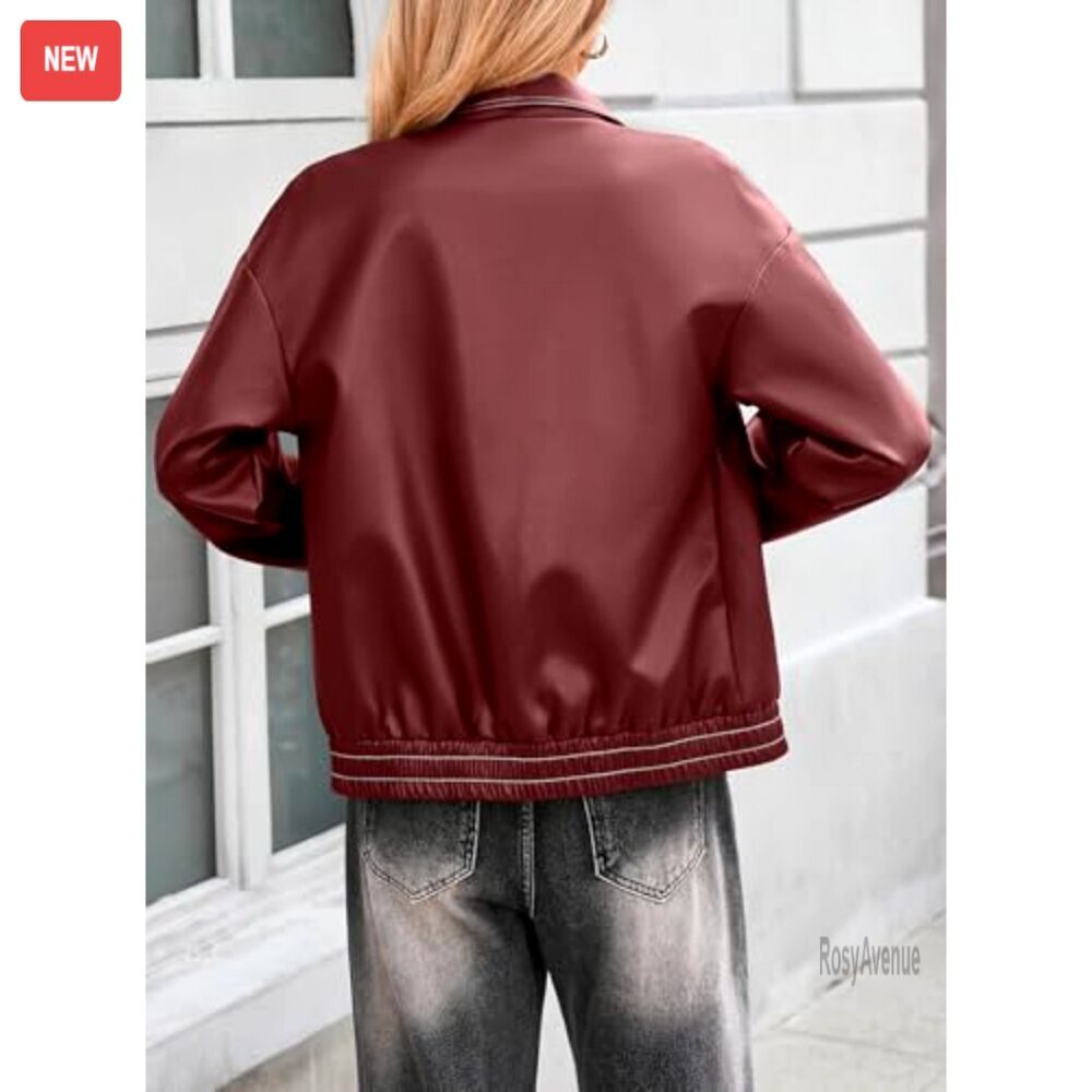 Faux Leather Motorcycle Jacket Oversized Bomber Zip Up Fall Winter Coat - Picture 3 of 5